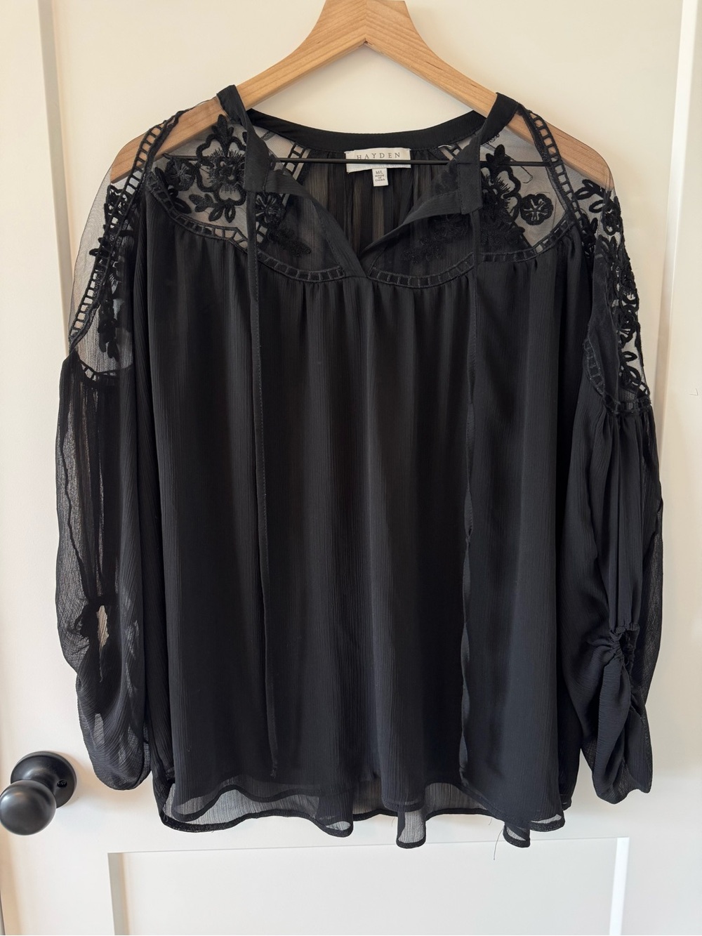 Black Sheer Lace Cold-Shoulder Blouse Size Large